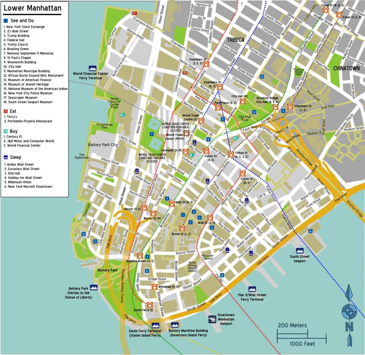 sokak isimleri ile aşağı Manhattan haritası