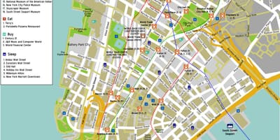 Sokak isimleri ile aşağı Manhattan haritası